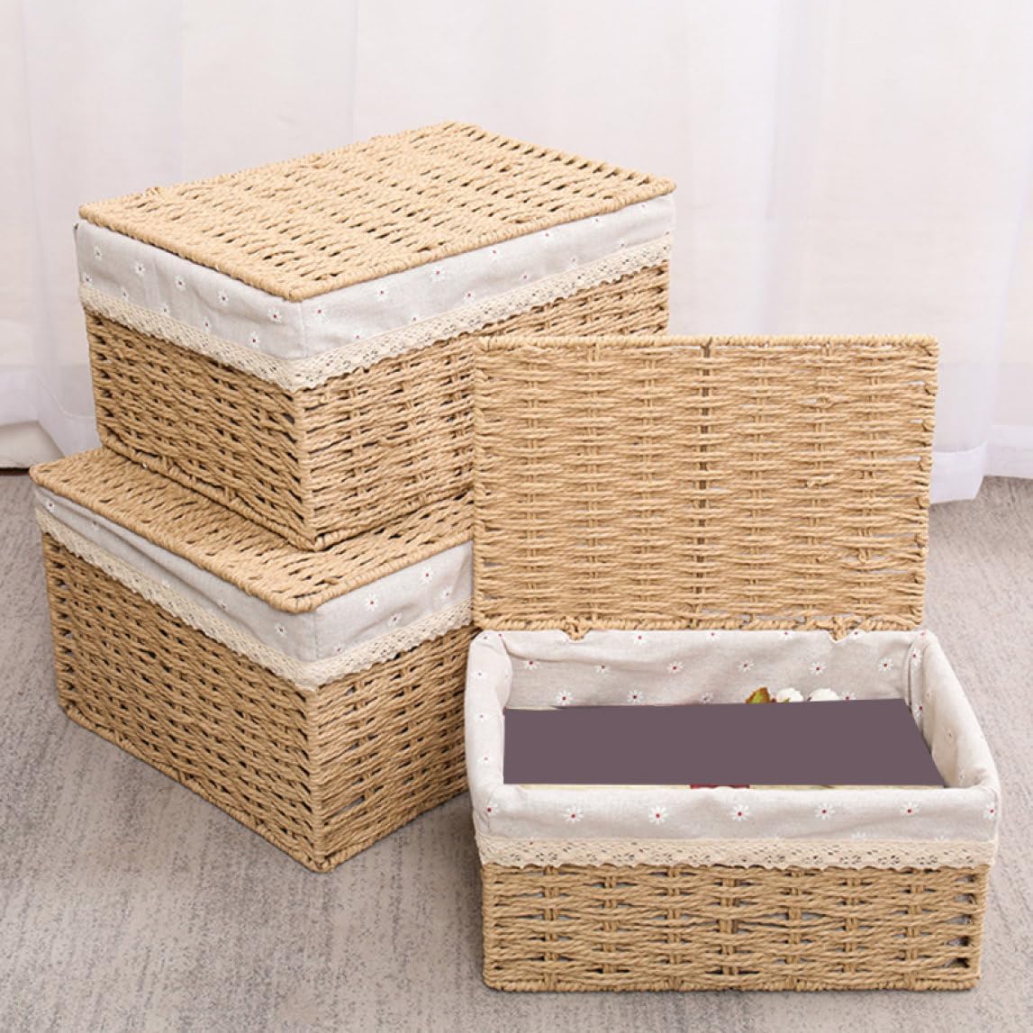 藤編み 収納かご 収納バスケット 収納ボックス L 編まれたバスケット おしゃれ カーキ2 蓋付き フタ付き 雑貨収納 卓上収納 田園風 かご 雑貨収納 ラタンかご 収納バスケット 整理箱 小物入れ