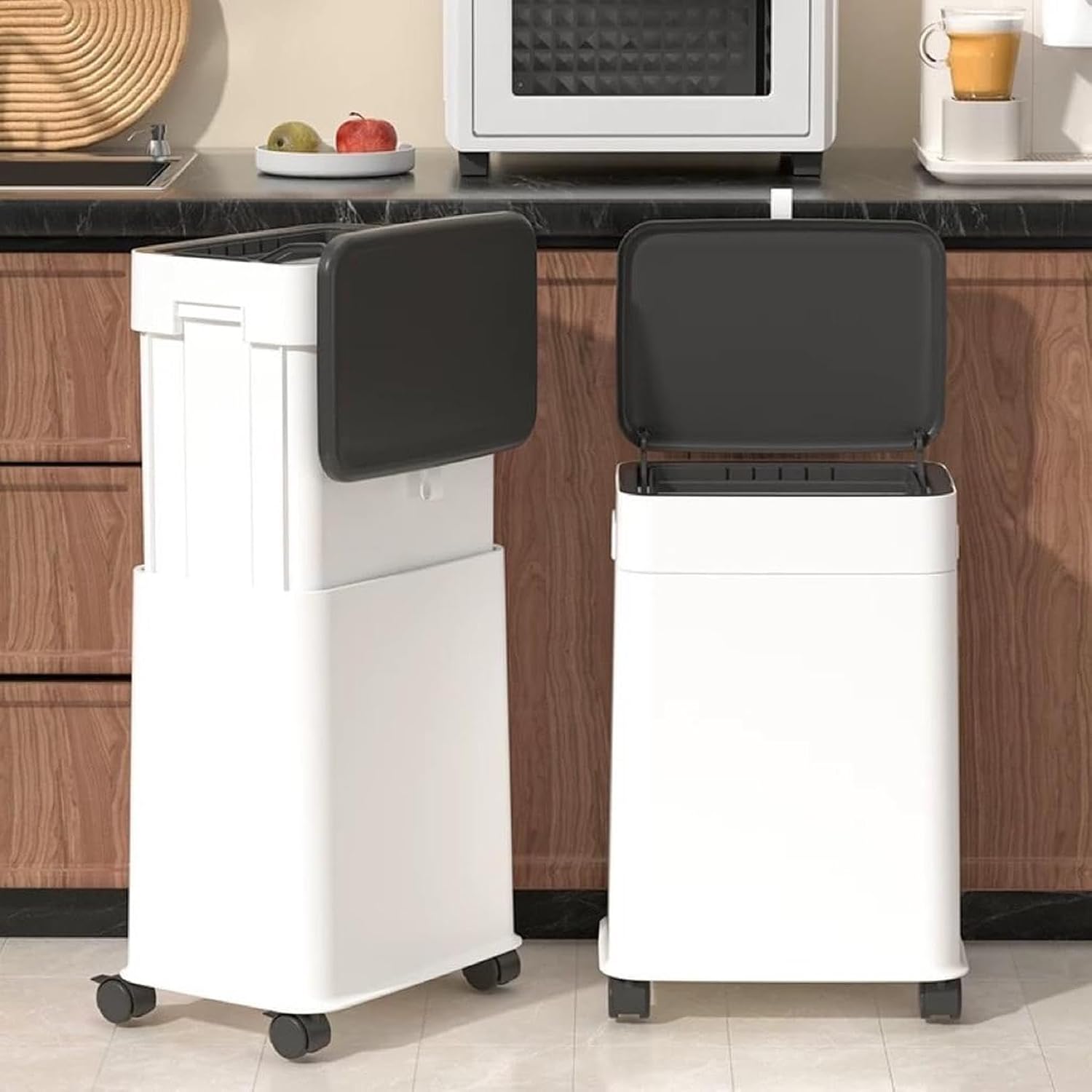 昇降式ゴミ箱 容量調節20L/45L フタ付きゴミ箱 昇降高さ範囲43.5cm〜70cm 新しい おしゃれ ごみ箱 ダストボックス キッチンゴミ箱 キャスター付き 大口径 スライド式カバー 袋見えない