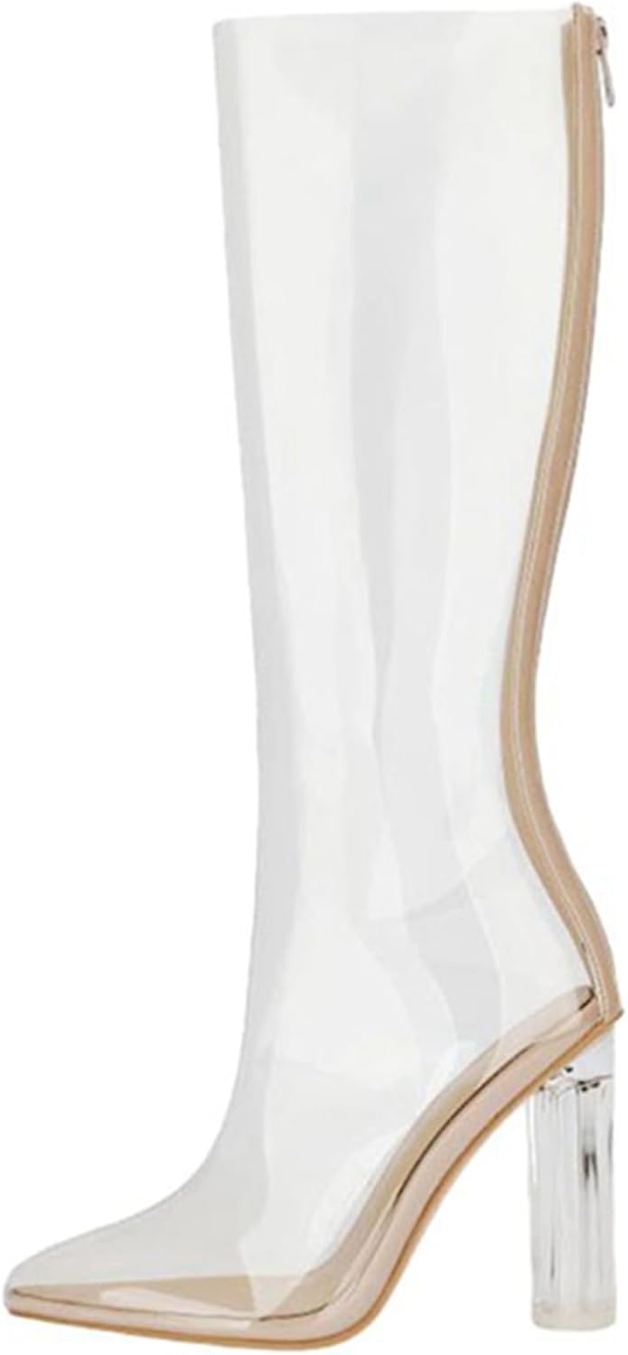 ロングブーツ 透明 レディース 袴ブーツ クリスタル 合皮 膝下 クリアヒール 10cm ミドル丈 足細く見え..