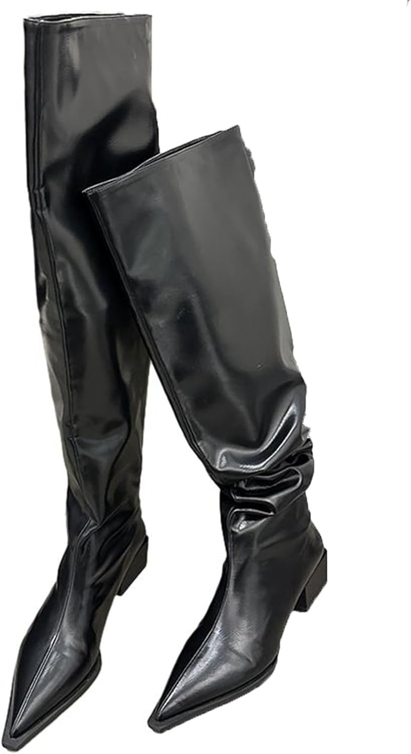 膝高 ロングブーツ レディース くしゅくしゅ ポインテッドトゥ ゆったり筒 秋冬春 ジョッキーブーツ シ..
