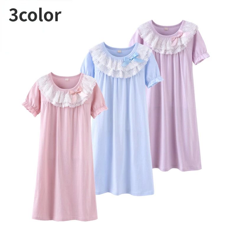 部屋着 寝間着 寝巻き 姫系 かわいい 3color キッズ ナイトウェア 子供 パジャマ ワンピース ネグリジェ 半袖 子供 女の子 ルー
