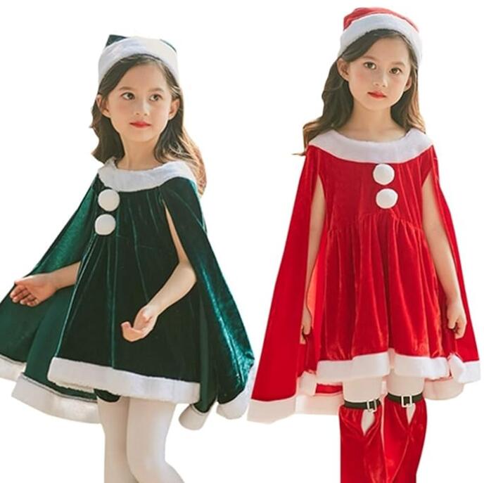 サンタ コスプレ 子供 女の子 かわいい ポンチョ マント 帽子 サンタクロース 赤 緑 サンタ服 ふわふわ キッズ クリスマス コス