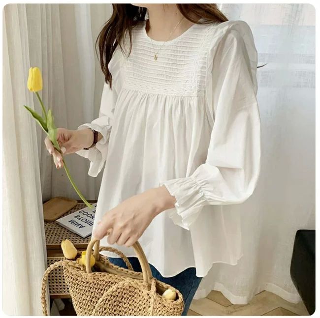 ブラウス レディース 長袖 春 秋 冬 シャツ パフ袖 トップス 無地 丸襟 襟なし 長袖tシャツ 綿 可愛い ゆったり 春物 キレイめ