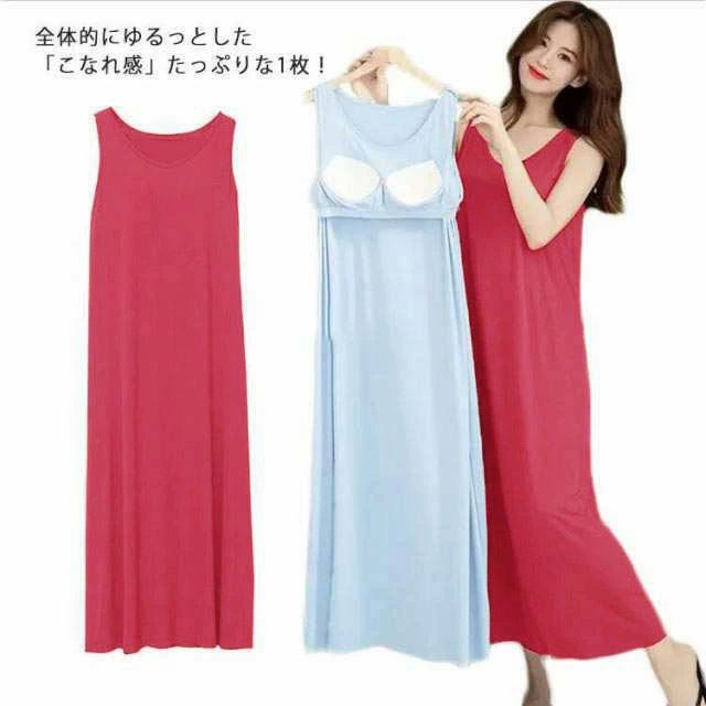 ルームウェア レディース パジャマ 半袖 ワンピース タックトップ ノースリーブ ワンピース ロング丈 カップ付き Vネック 部屋