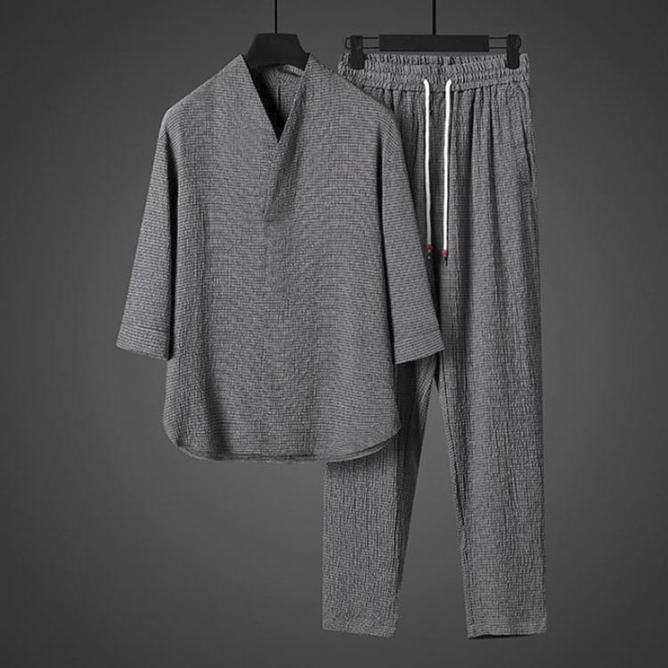 襟付き ジャージ 接触冷感 下着 アイスシルクセット Tシャツ Vネック 春夏 セットアップ 和風 半襦袢 着物 作務衣 メンズ 上下セット ロングパンツ tシャツ 涼しい セットアップ 吸汗速乾 部屋着 ルームウェア