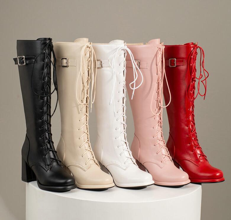 レディースブーツ ロングブーツ レースアップブーツ 編み上げブーツ ロリータ風 コスプレ 22〜29cm PU 厚底ブーツ 秋冬 春秋 ぺたんこ ローヒール 8センチ エンジニアブーツ ジョッキーブーツ ハロウィン