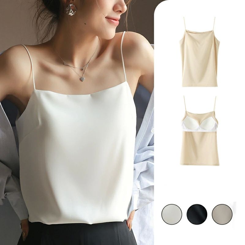 キャミソール カップ付き サテン 下着 インナー ブラウス トップス タンクトップ サテンスリップ 夏 重..