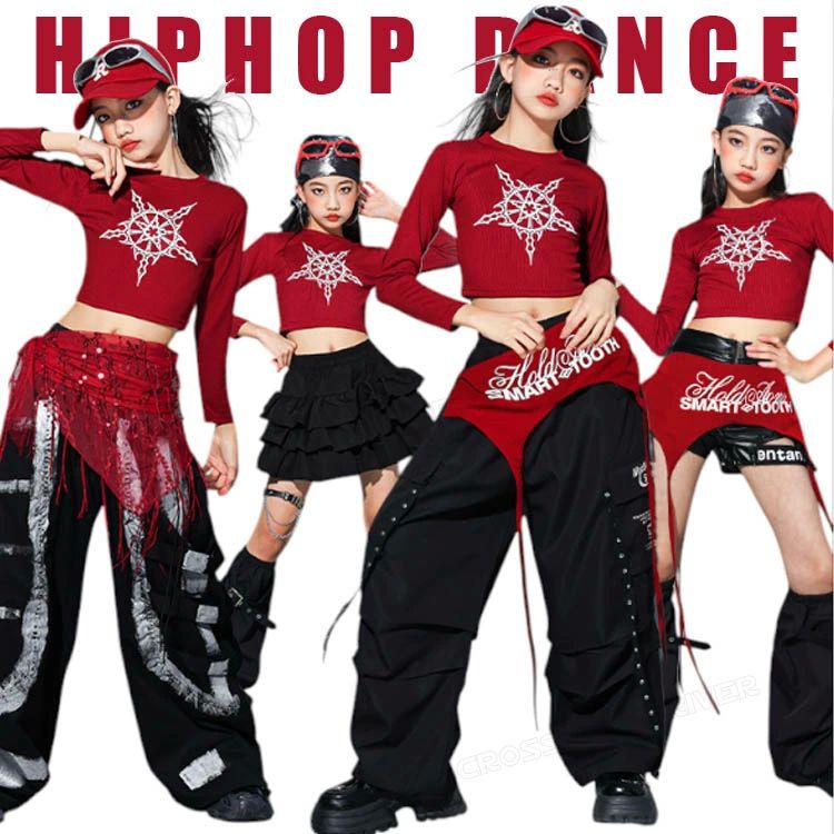 赤 キッズダンス衣装 セットアップ k-pop 衣装 へそ出し シャツ パンツ スカート 黒 長袖 トップス 女の子 レッド ブラック ヒッ