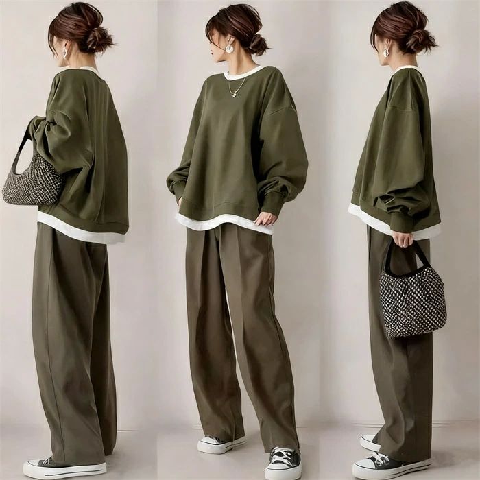 セットアップ レディース 秋 パンツ 上下セット 2点セット ワイドパンツ 切り替え トップス カジュアル オフィス ゆったり 体型