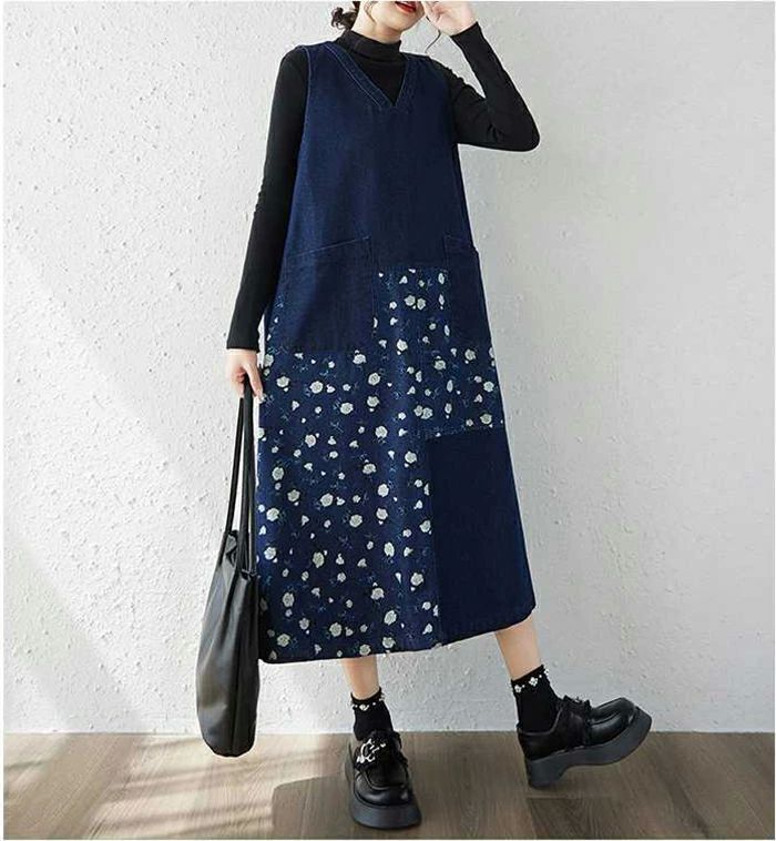 花柄 ジャンパースカート デニム サロペットスカート レディース 秋 冬 デニムジャンパースカート 切り替え 大きいサイズ ロング