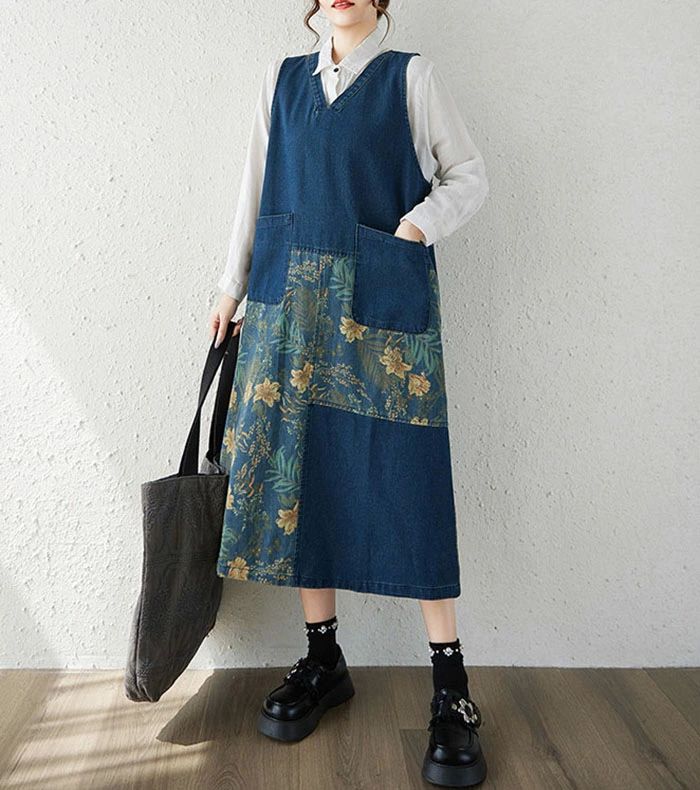 ジャンパースカート レディース 花柄 vネック デニムワンピース デニムジャンスカ サロペットスカート ..