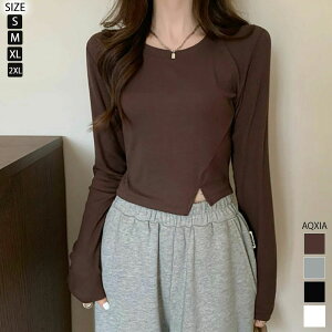 トップス レディース 春 夏 春夏 黒 白 カットソー チュニック 長袖 クロップドトップス ショートトップス アシンメトリー 無地