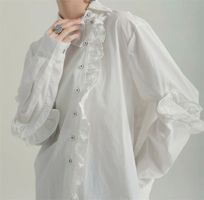 シャツ レディース チュニック 春 秋 ロングシャツ フリル アシンメトリー シャツ ロング丈 モード デザイン お洒落 トップス 長