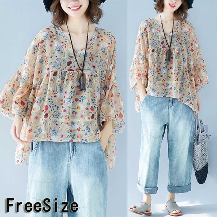 シアートップス レディース ゆったり 体型カバー 大きいサイズ オーバーサイズ シフォン エスニック柄 ..