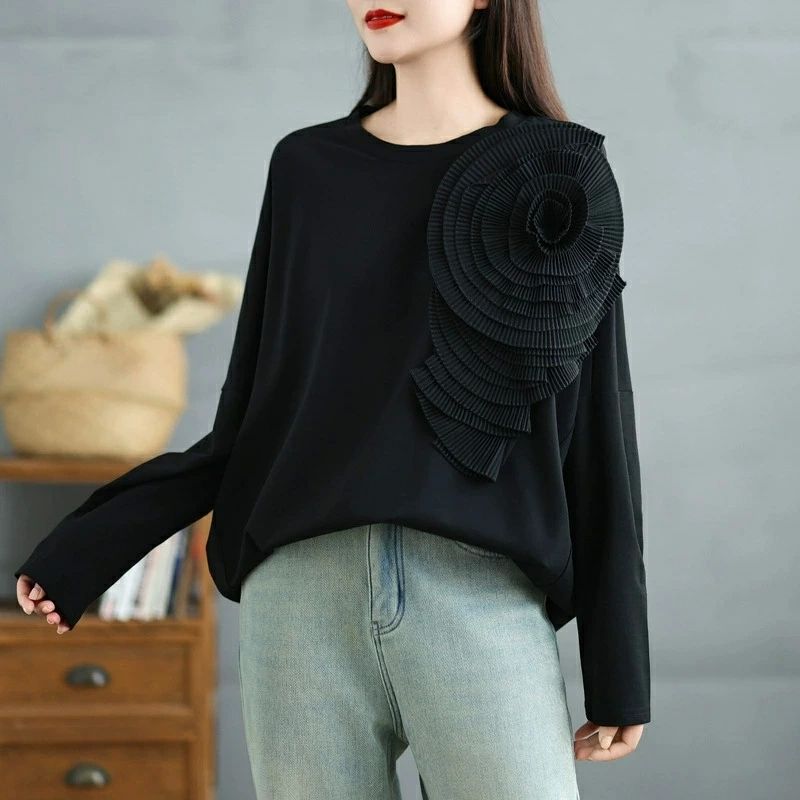 送料無料 40代 30代 20代 ブラック 黒 シンプル 切り替え 立体花 体型カバー ルームウェア 部屋着 春 秋 ライトアウター プルオ