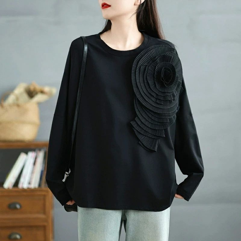 送料無料 40代 30代 20代 ブラック 黒 シンプル 切り替え 立体花 体型カバー ルームウェア 部屋着 春 秋 ライトアウター プルオ