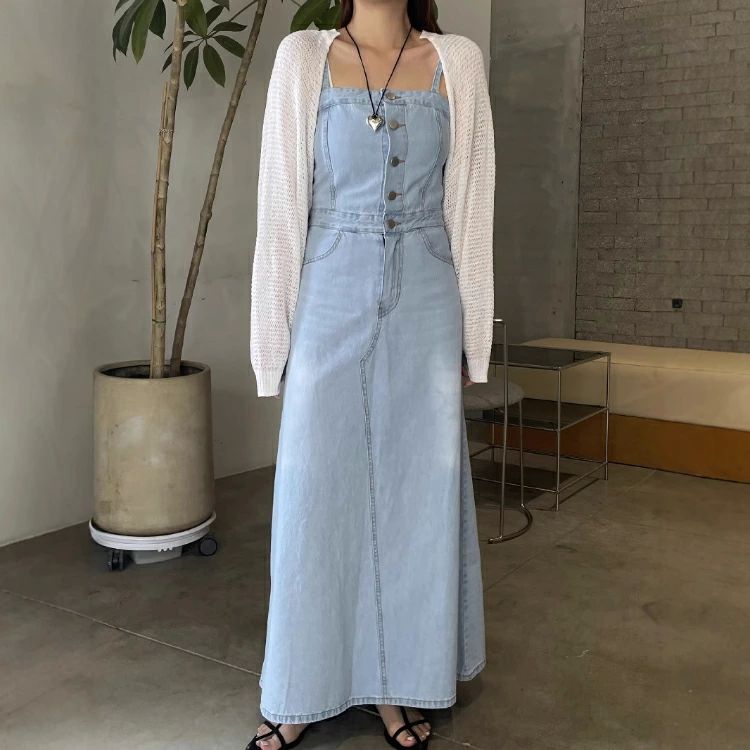 ジャンパースカート デニム サロペットスカート サロペット レディース スリット フレア マキシ丈 ロング キャミソールワンピー