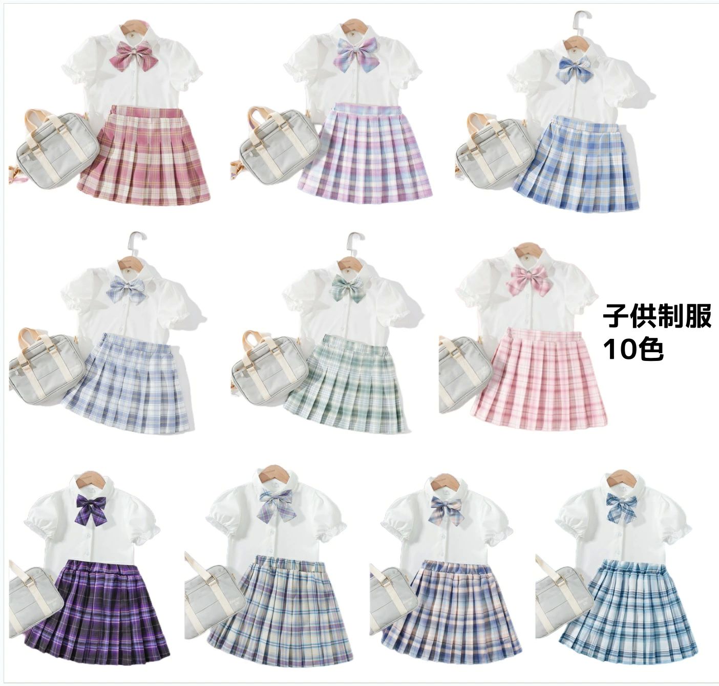 子供 セーラー服 上下4点セット 女の子 JK制服 マリン風 半袖 チェック柄 学園 学生服 靴下付き 白いシャツ 蝶リボン 膝丈 プ