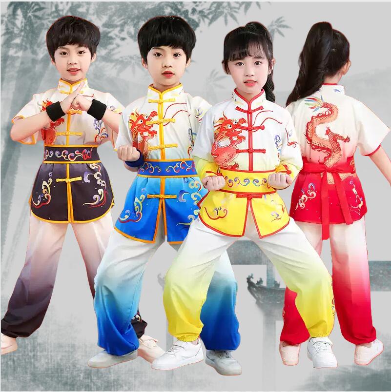 子供武術服 ダンス衣装 上下セット 武術服 太極拳服 太極拳ウェア 半袖/長袖 ベルト付き ゆったり 龍プ..