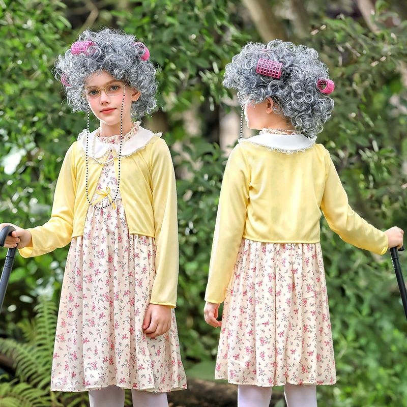 3点セット お婆ちゃんコスプレ衣装 女の子 子供用 小花柄 ワンピースセット 小物追加可 メガネ 白髪ウ..