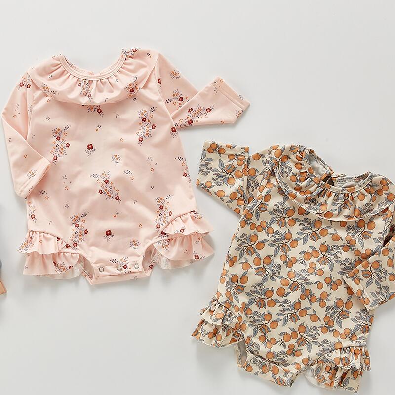 ベビー水着 ミカン柄 スナップボタン式水着 女の子 長袖 ロンパース ワンピース オールインワンタイプ 女児 子供用 こども