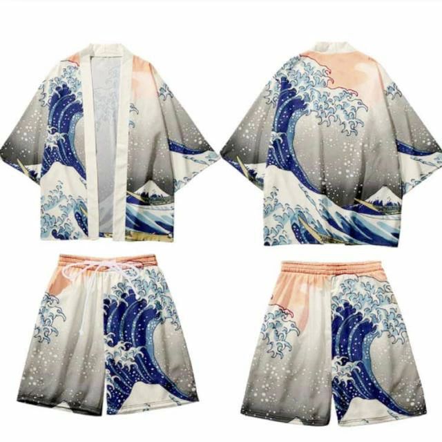 着物風 羽織 法被 はっぴ ショートパンツ セットアップ 和風 カーディガン 浴衣 甚平 和柄 荒波 海 半被 半纏 じんべい ゆかた