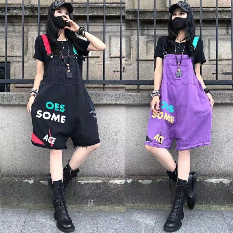 デニム サロペット レディース 夏 ゆったり 五分丈 英文字 薄手 ワイドパンツ 可愛い カジュアル レッド パープル ブラック M L