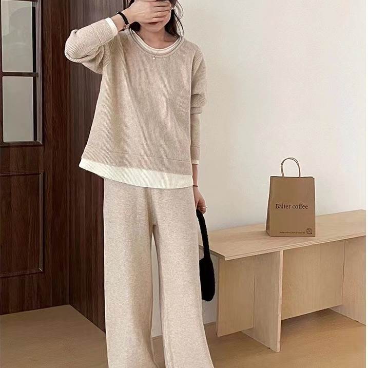 上下セット レディース セーター 长袖 ラウンドネック プルオーバー ロングパンツ ウエストゴム ルームウエア 部屋着 重ね着风