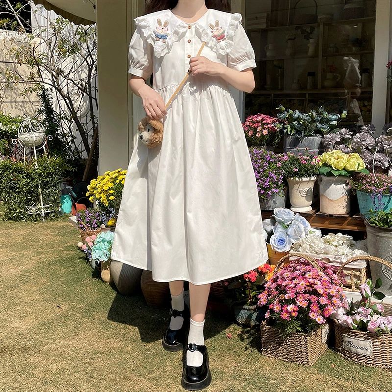 大きいサイズ 少女ワンピース 森ガール 4カラー ぬいぐるみ飾り カレッジ風 中高生 フレア襟 aライン ..