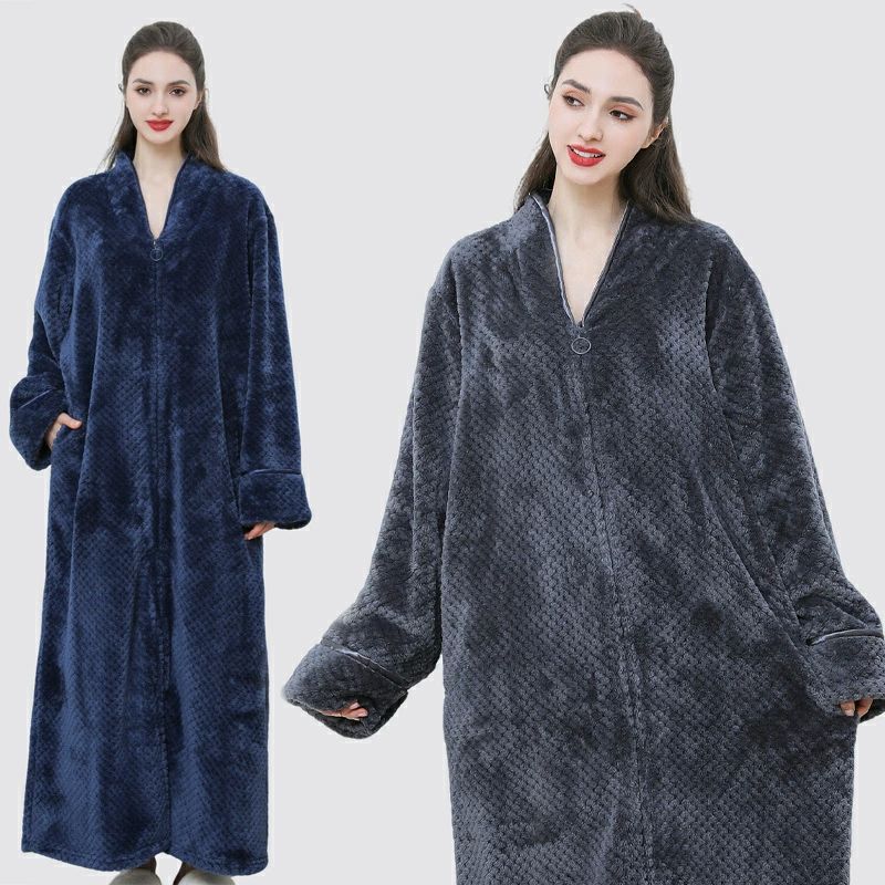 レディース もこもこ 厚手 裏起毛 ジッパー ネグリジェ 秋冬 フランネル タオル地 ママ バスローブ単品 大きいサイズ 高級 ガウ