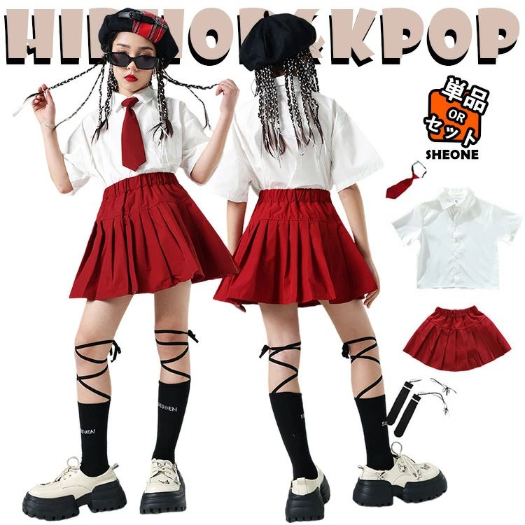女の子 チア チアガール 韓国 k-pop キッズ ダンス衣装 セットアップ スーツセット 白 半袖 シャツ ダ..