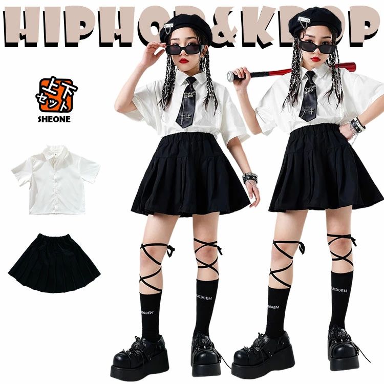 女の子 チア チアガール 韓国 k-pop キッズ ダンス衣装 セットアップ スーツセット 白 半袖 シャツ ダ..