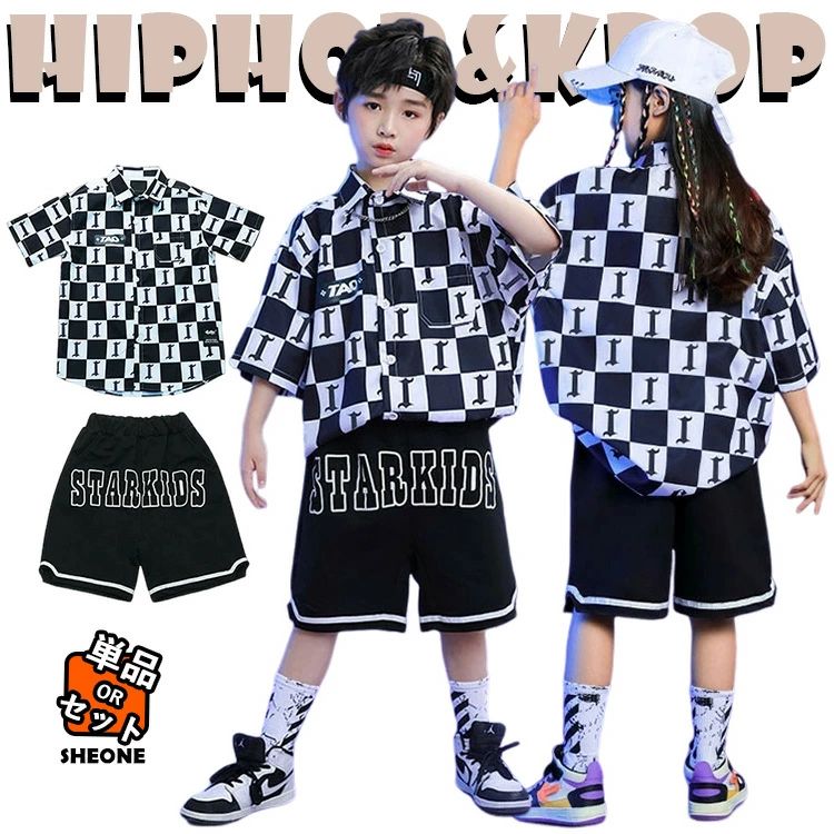 キッズ ダンス衣装 セットアップ シャツ チェック柄 半袖 ボタンダウン シャツ ダンス衣装 ヒップホッ..