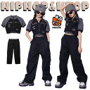 へそ出し 黒 ブラック 個性派 半袖 キッズ ダンス衣装 セットアップ 女の子 カーゴパンツ パンツ トップス カジュアル カジュアルシャツ ダンスウェア ヒップホップ ジャズダンス ポッピング 韓国 演出服 練習着 団体服 応援団 かっこいい おしゃれ