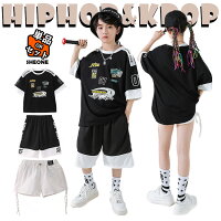 黒 レーシング キッズ ダンス衣装 セットアップ 男の子 女の子 かっこいい おしゃれ 半袖 シャツ ゆったり カジュアルシャツ トップス 白 ショート丈パンツ 黒 短パン ジャズダンス ヒップホップ 韓国 k-pop 演出服 団体服 発表会 練習着 応