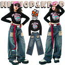 キッズ ダンス衣装 デニム セットアップ 上下セット デニムパンツ ダメージ加工 トップス パンツ 長袖 へそ出し 女の子 子供 柄シャツ ヒップホップ ジャズ...