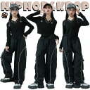 ブラック 長袖 Tシャツ ウェストパンツ キッズ ダンス衣装 セットアップ 上下セット 韓国 jazz おしゃれ 女の子 かっこいい かわいい へそ出し トップ...