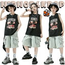 ブラック トップス ブルー デニムパンツ キッズ ダンス衣装 セットアップ 上下セット おしゃれ 女の子 男の子 かっこいい かわいい ノースリーブ カーゴパン...