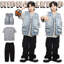 キッズ ダンス衣装 セットアップ 男の子 女の子 デニムベスト Tシャツ カーゴパンツ ネックレスカッコイイ ストリート 派手 韓国 K-POP