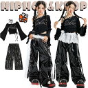黒 レザーパンツ チア チアガール jazz 韓国k-pop キッズ ダンス衣装 フレアスリーブ ショートトップ セットアップ おしゃれ かっこいい