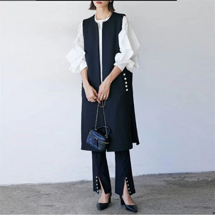 ベスト レディース 春秋 ノースリーブ ロングジレ トレンチベスト 無地 ジレンチ トップス ロングベス..