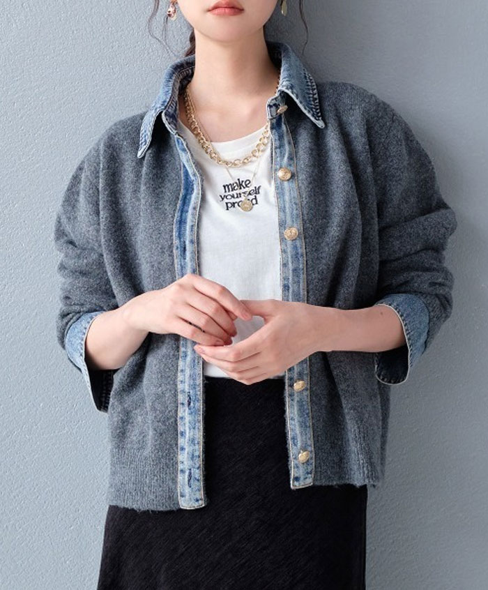 ジャケット ニット レディース 異素材 デニム 切り替え ライトアウター アウター コート 春 秋 冬 ストレッチ 女性 大人可愛い カジュア