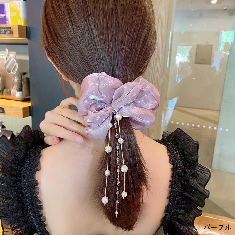 シュシュ ヘアアクセサリー ヘアゴム オーガンジー シースルー 光沢 大人っぽい パール付き まとめ髪 ..
