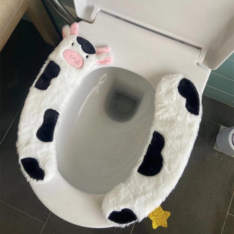 トイレマット かわいい 牛柄 秋冬用 ぬいぐるみ トイレカバー 便座カバー グレー 黒 ふわふわ あったか