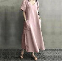 大きいサイズ おしゃれ レディース Vネック リネン風 夏 ポケット 春コーデ 涼しい 半袖ワンピース ゆったり お出かけ カジュアル マキシ丈 ワンピース