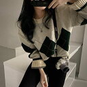 ロングスリーブ 送料無料 大人可愛い 楽チン グリーン ニット チェック ルーズ アプリコット 体型カバー マルチパターン アーガイル カジュアル 長袖 3色 ...