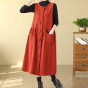 ボタン ミモレ スカート カジュアル 袖なし ルーズ ラフ Aライン レトロ シンプル かわいい 大人可愛い サロペット かっこいい こなれ感 ラウンドネック アジアン 襟なし ノースリーブ コーデュロイ 上品 おしゃれ レディース ノーカラー