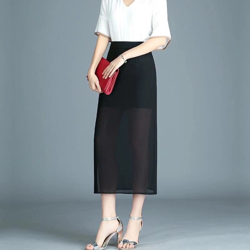ロング丈 透け感 こなれ感 膝下 ギャザー かっこいい ペチパンツ付き カジュアル レディース 上品 スリット スカート おしゃれ 切り替えデザイン クール 個性的 お洒落 ひざ丈 送料無料 大人女子 モダン ペンシル 大人可愛い モード系 大人 シフォン