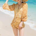 長袖 大人可愛い シフォン袖 レディース ハイウエスト レディース 水着 カットアウト オールインワン セクシー バックコンシャス 二の腕カバー バックシャン クルーネック スイムウェア クロス ペイズリー ワンピース 送料無料 体型カバー
