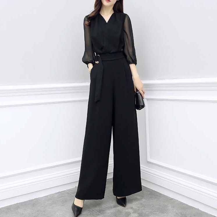 ロング丈 無地 上品 長袖 黒 タック 3XL ベルト ウエストマーク パンツ 大人 オールインワン
